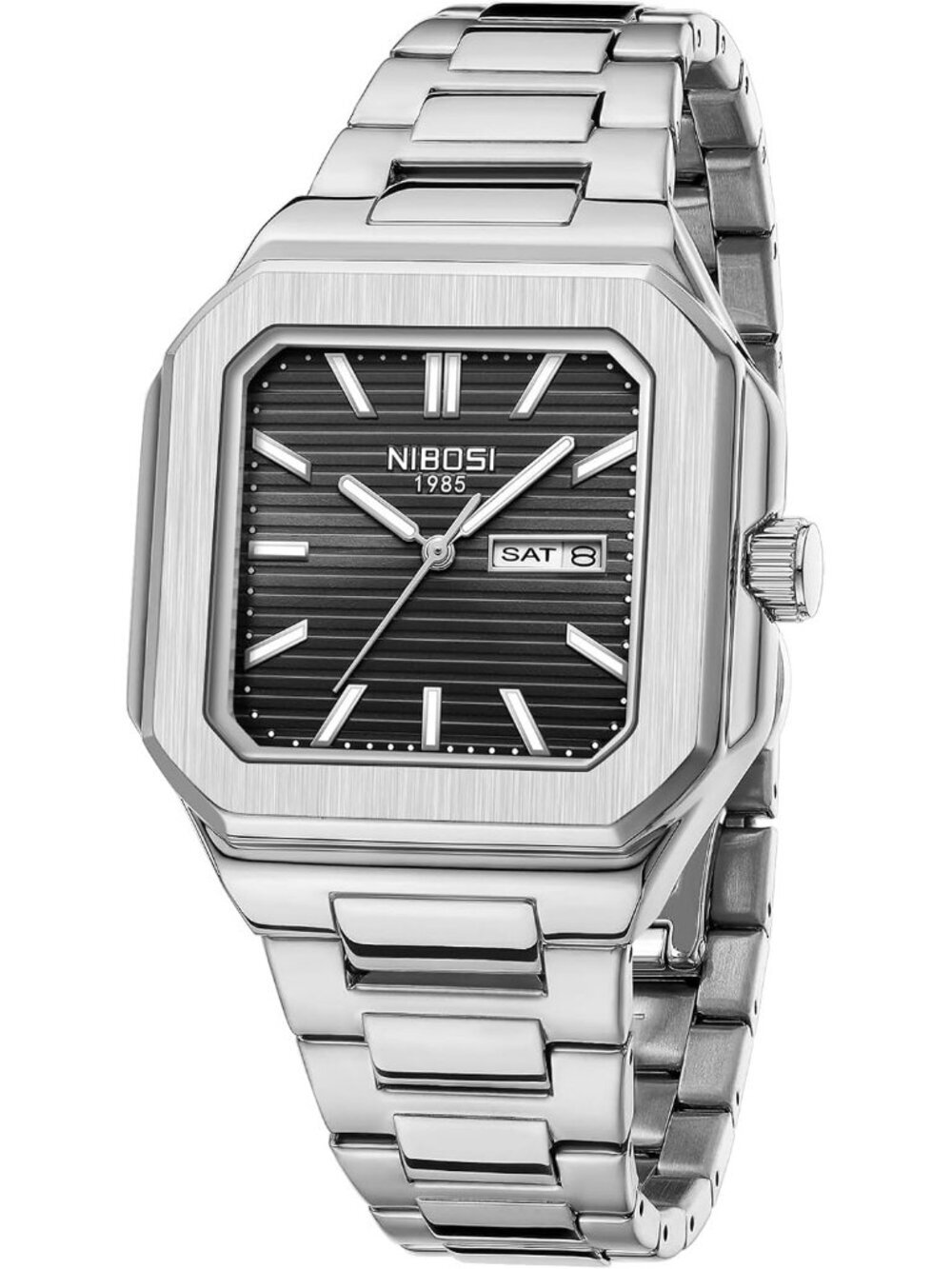 Nibosi Men's Silver Black Analog Quartz Stainless Steel Waterproof Square Watch